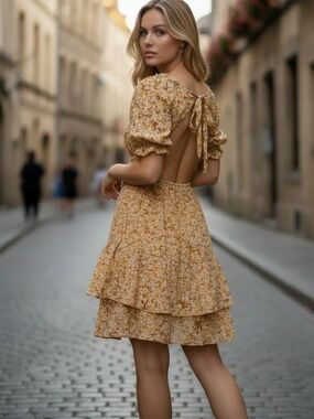 Wild Fable yellow floral print dress size S smocked bodice Spring Whimsical